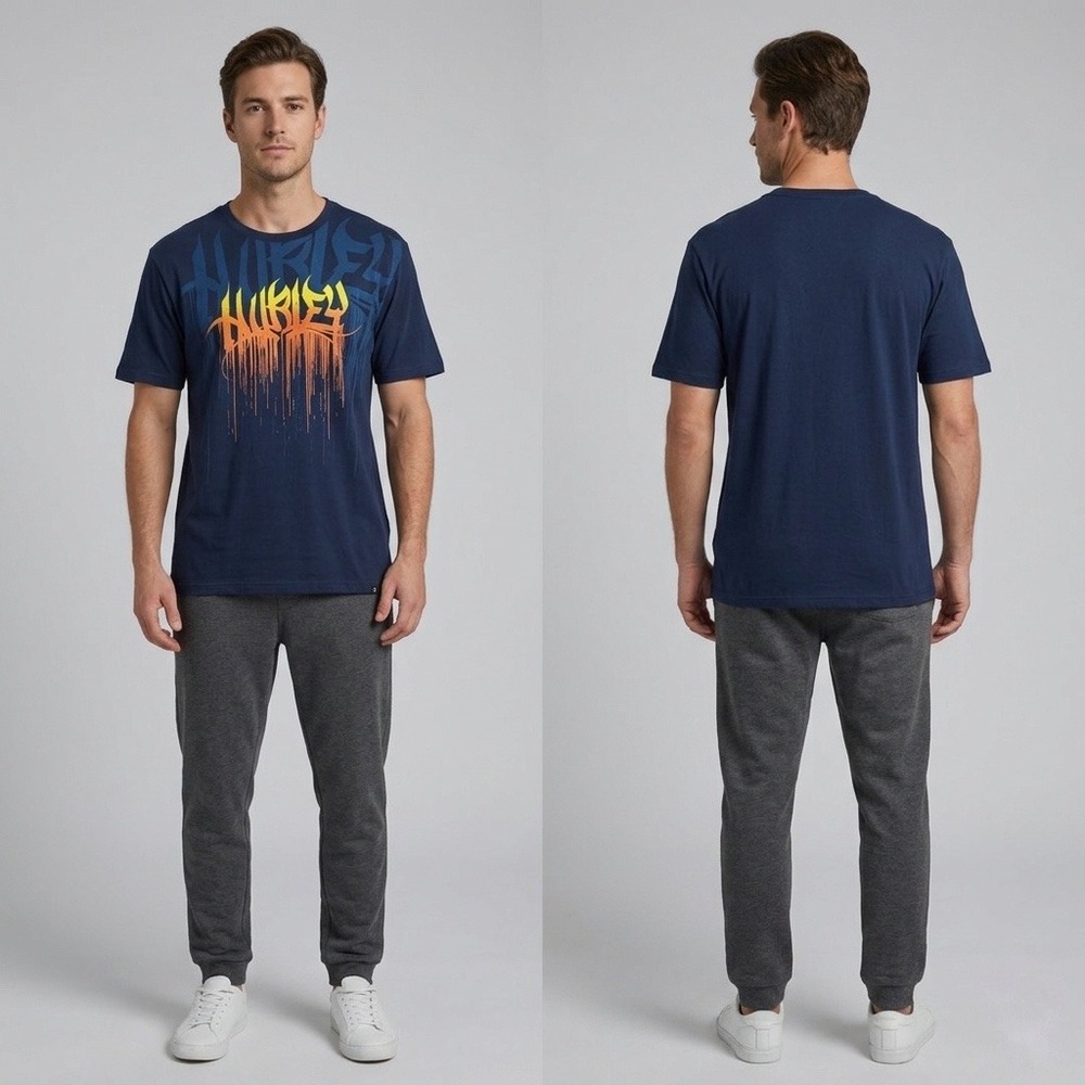 Hurley Mens XL Navy Blue Graffiti Drip Logo Graphic Short Sleeve T-Shirt